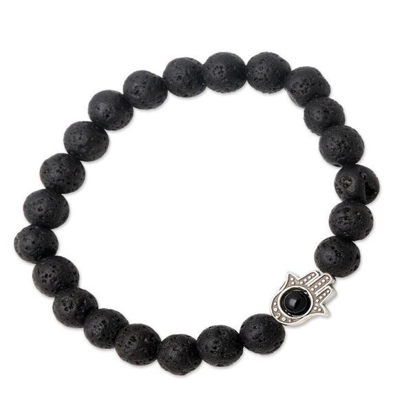 Alternate image for Hamsa Hand Lava Stone Stretch Bracelet with Onyx Hamsa Hand