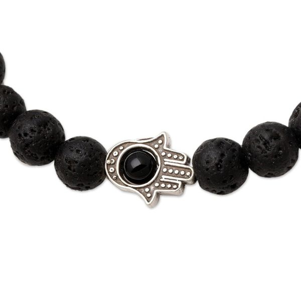 Alternate image for Hamsa Hand Lava Stone Stretch Bracelet with Onyx Hamsa Hand