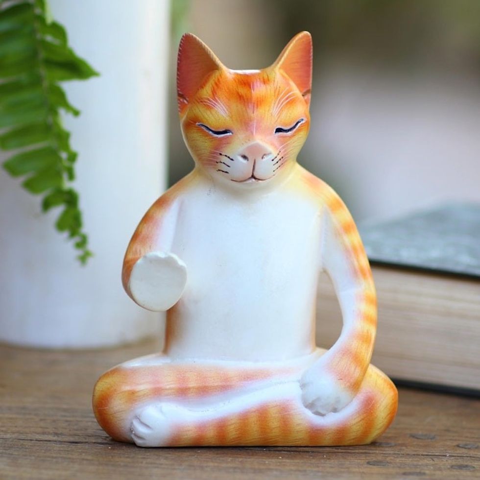Hand Carved Wood Sculpture of Meditating Cat 'Yellow Cat Meditates'
