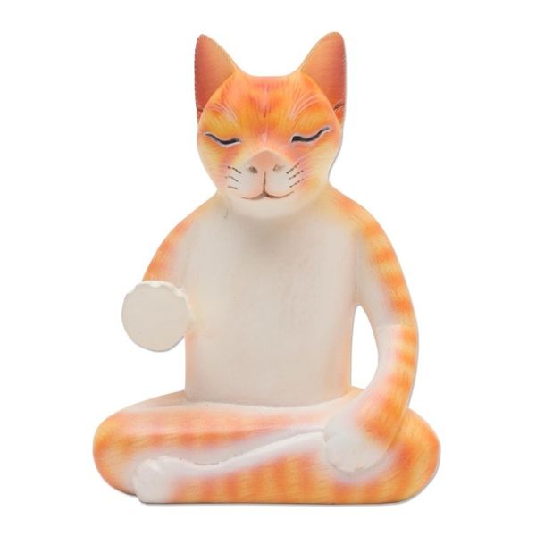 Alternate image for Hand Carved Wood Sculpture of Meditating Cat Yellow Cat Meditates