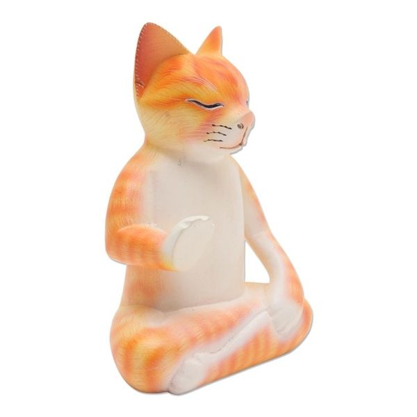 Alternate image for Hand Carved Wood Sculpture of Meditating Cat Yellow Cat Meditates