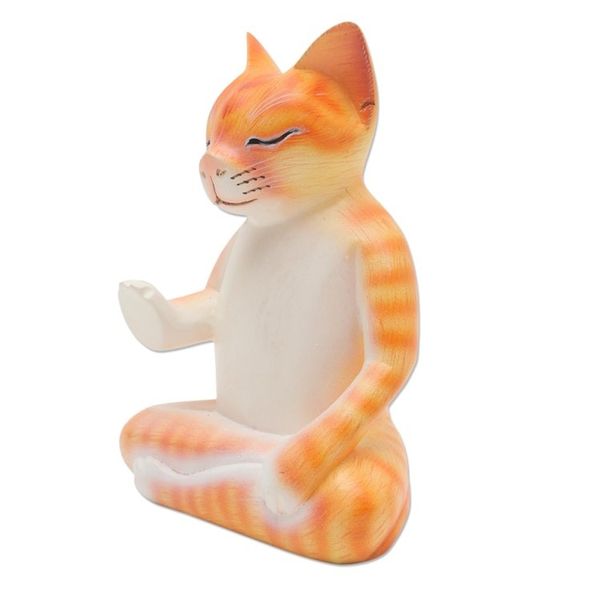 Alternate image for Hand Carved Wood Sculpture of Meditating Cat Yellow Cat Meditates