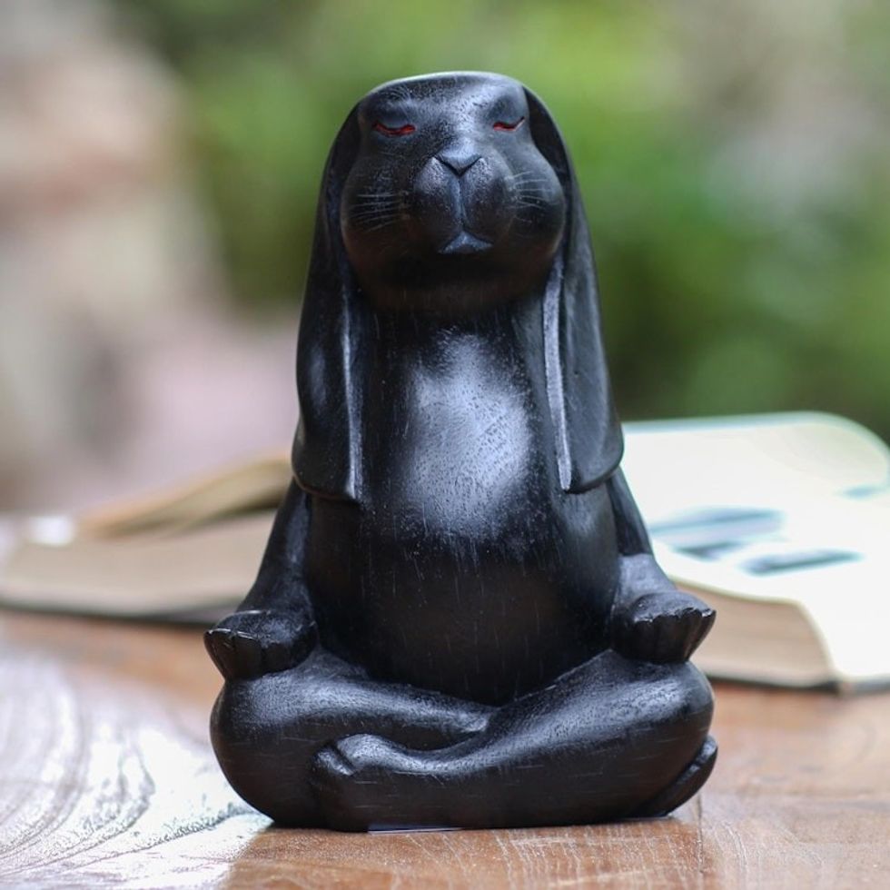 Wood Pregnant Yoga Bunny Sculpture in Black from Bali 'Pregnant Yoga Bunny in Black'