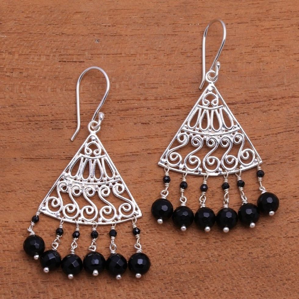 Spiral Pattern Onyx Chandelier Earrings from Bali 'Spiral Fascination'