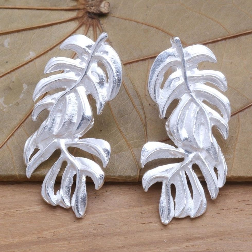 Handcrafted Balinese Sterling Silver Leaf Earrings 'Tropical Plant'