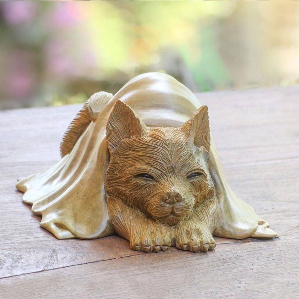 Hibiscus Wood Sculpture of a Cat in a Blanket from Bali 'Chilly Cat'