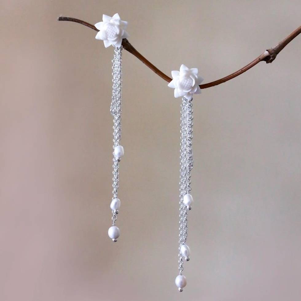 Floral Cultured Pearl Dangle Earrings from Bali 'Padma Tears'