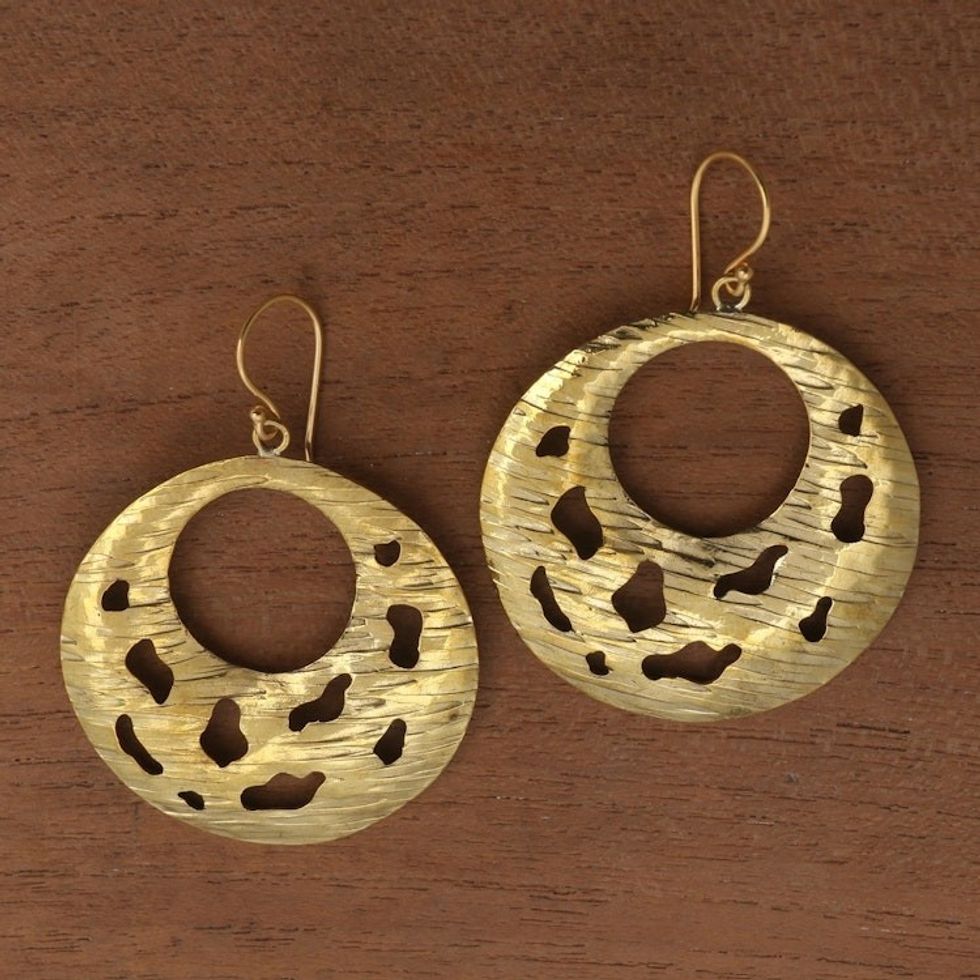 Round Abstract Motif Brass Dangle Earrings from Bali 'Bali Crescents'