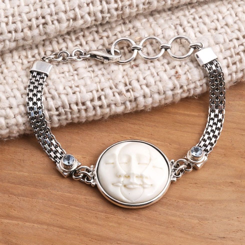 Blue Topaz and Sterling Silver Pendant Bracelet 'Three Moon Faces'
