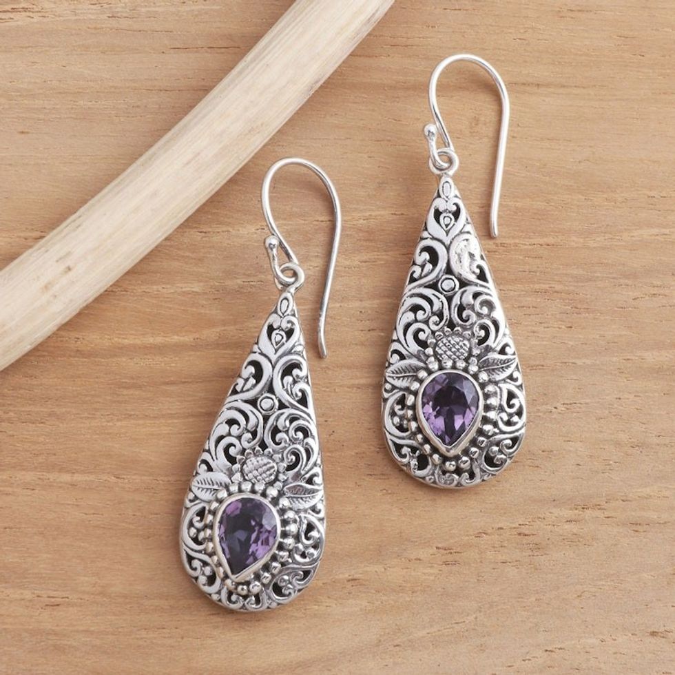 Amethyst and Sterling Silver Dangle Earrings 'Native Charm'