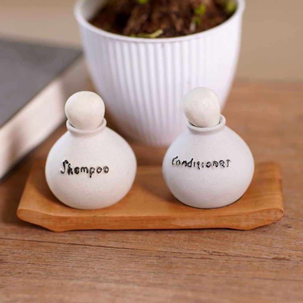 Handmade Ceramic Shampoo and Lotion Bottles 3 Piece Set 'Shampoo and Lotion'