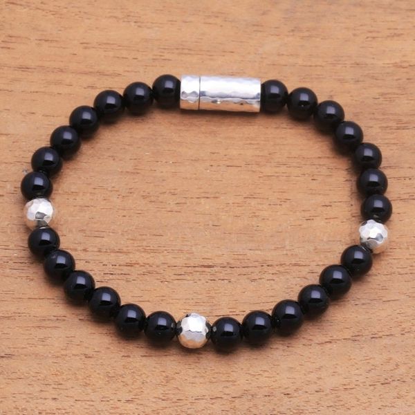 Alternate image for Onyx and Hammered Silver Beaded Bracelet from Bali Hammered Beauty
