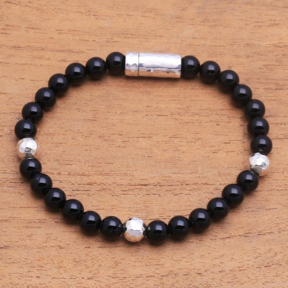 Onyx and Hammered Silver Beaded Bracelet from Bali 'Hammered Beauty'