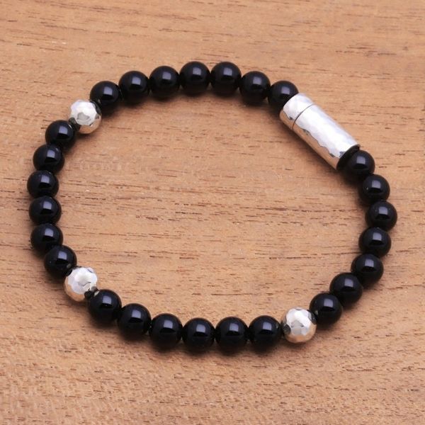 Alternate image for Onyx and Hammered Silver Beaded Bracelet from Bali Hammered Beauty