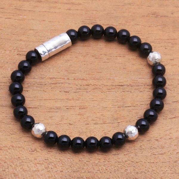 Alternate image for Onyx and Hammered Silver Beaded Bracelet from Bali Hammered Beauty