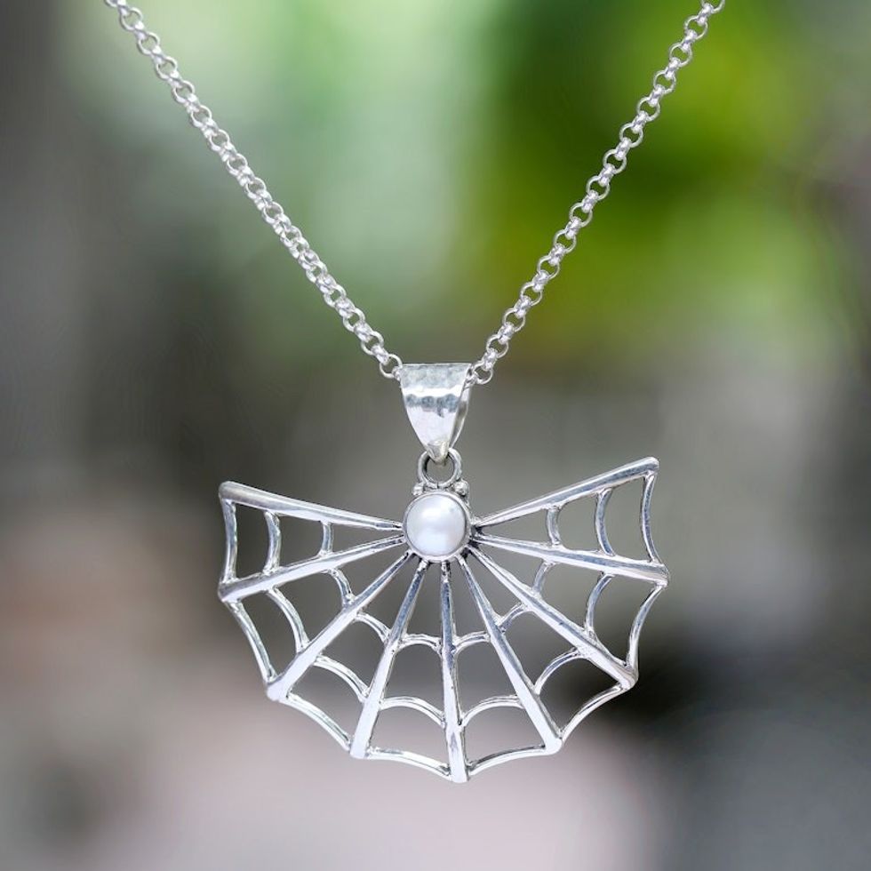 Cultured Pearl Spider Web Pendant Necklace from Bali 'Glowing Web'