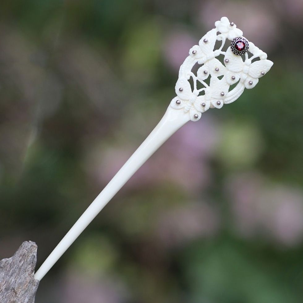 Bone and Garnet Butterfly Hair Pin from Bali 'Butterfly Love'