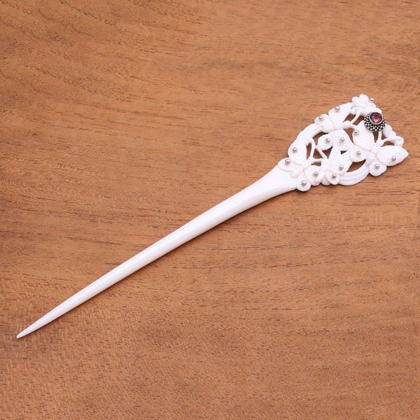 Alternate image for Bone and Garnet Butterfly Hair Pin from Bali Butterfly Love