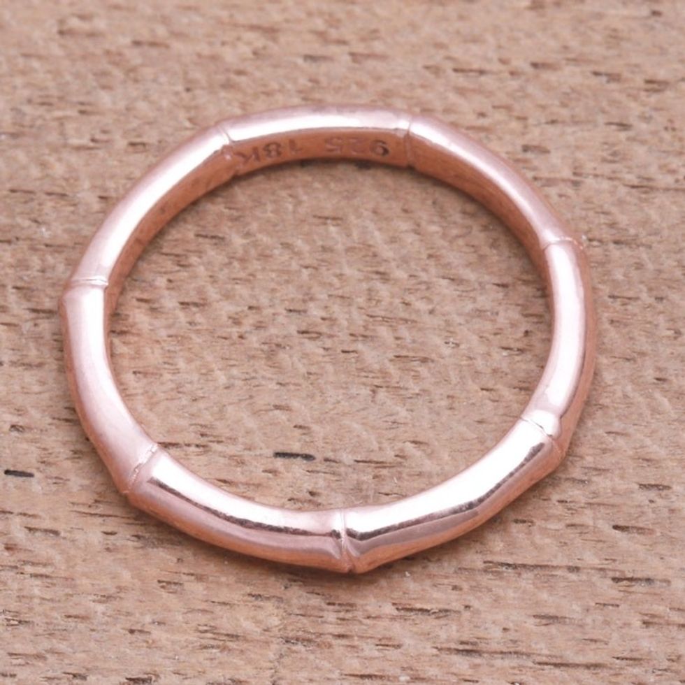 Bamboo Motif Silver Band Ring Bathed in 18k Rose Gold 'Bamboo Regeneration'