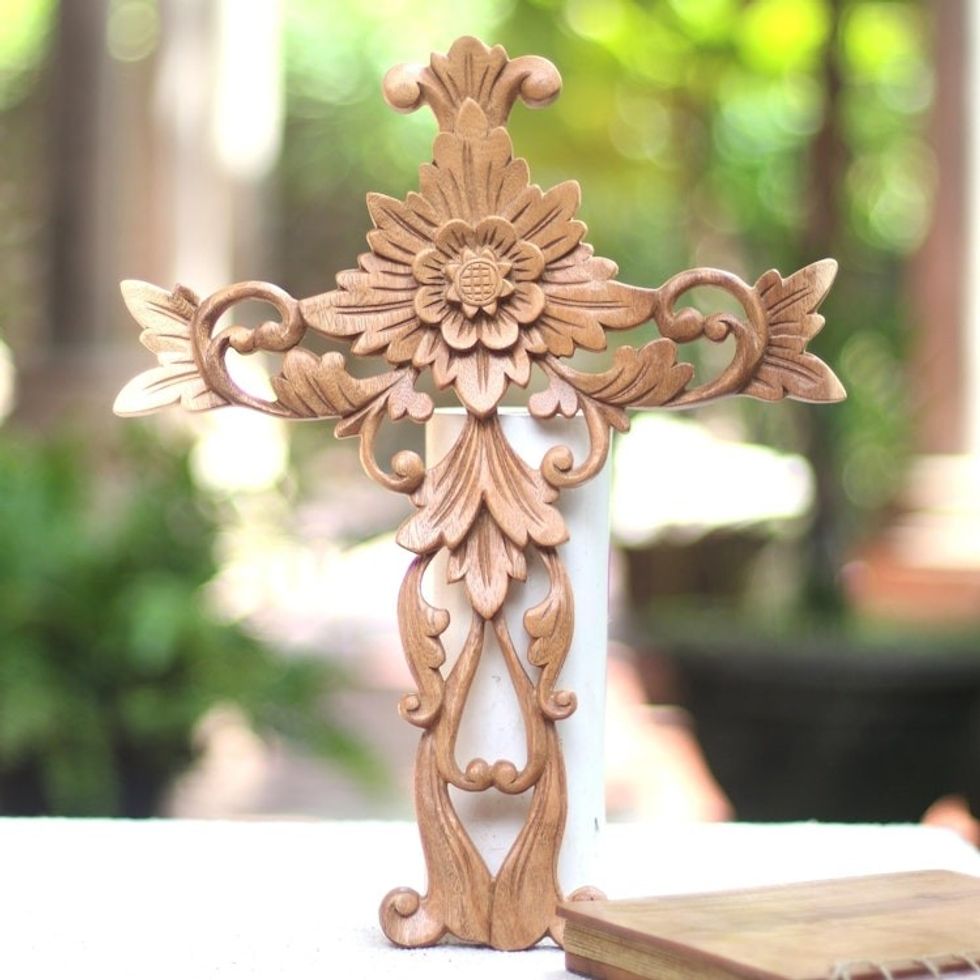 Hand Carved Wood Wall Cross with Floral Motifs 'Florid Cross'