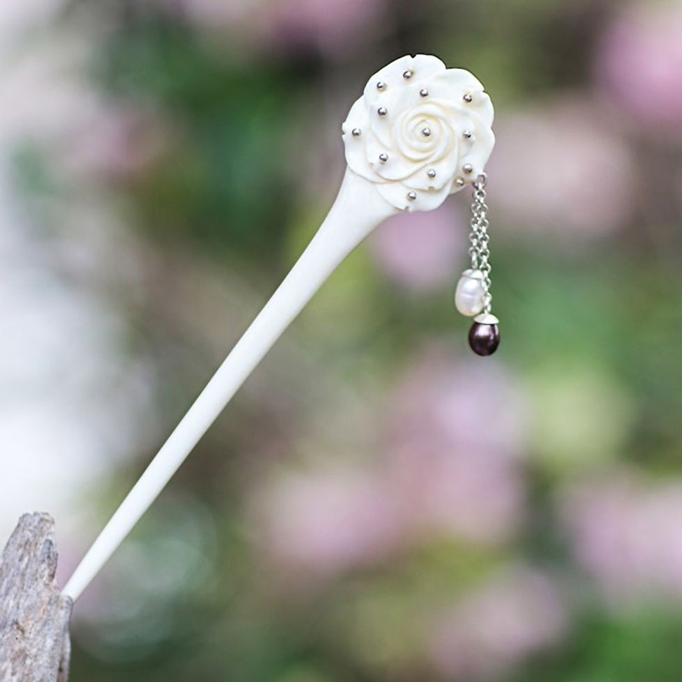 Rose Flower Bone and Cultured Pearl Hair Pin from Bali 'Studded Rose'