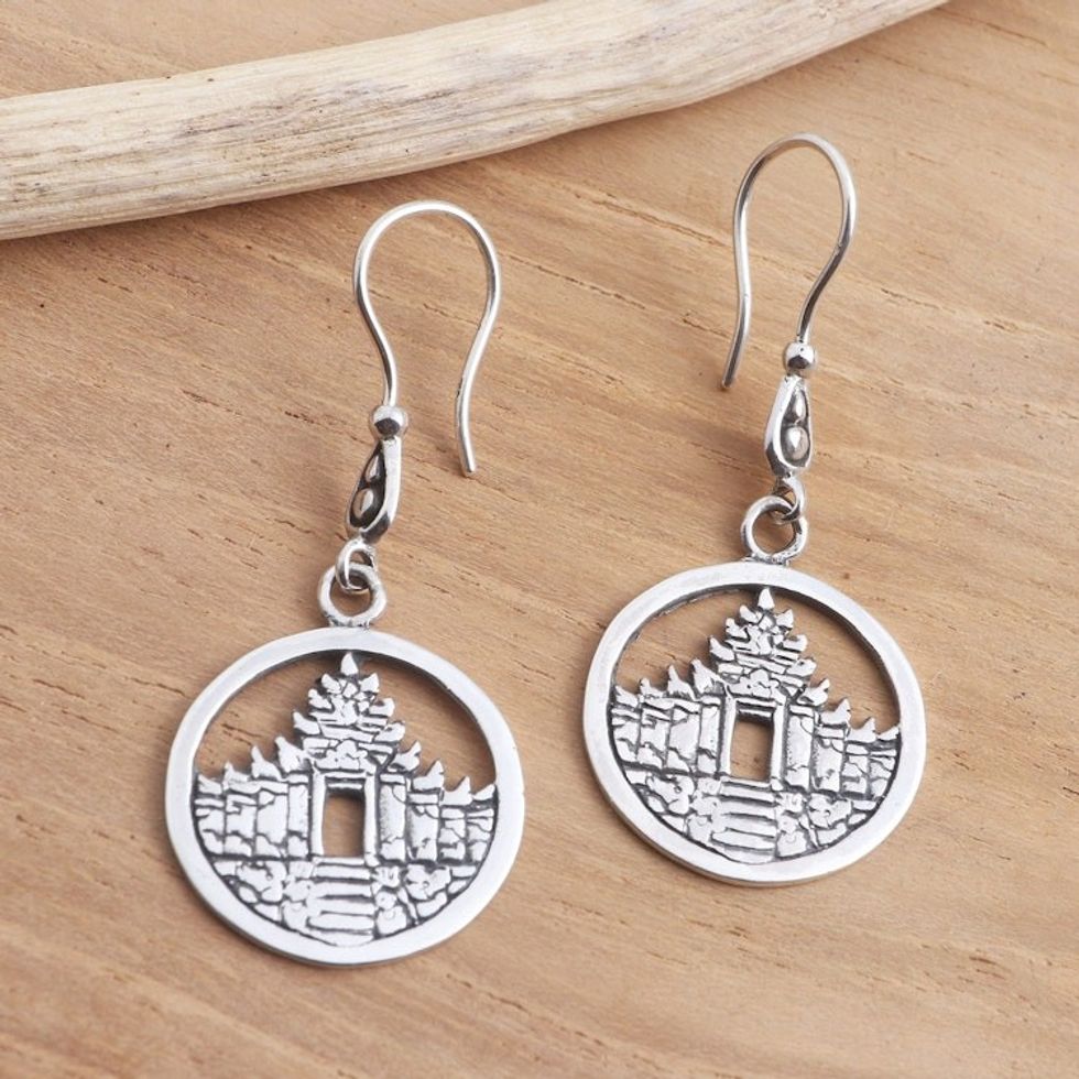 Temple Motif Sterling Silver Dangle Earrings 'Bali Pura'