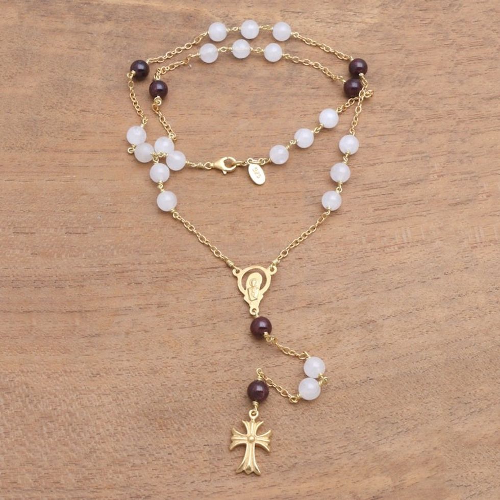 Gold Plated Moonstone and Garnet Rosary from Bali 'Delightful Faith'