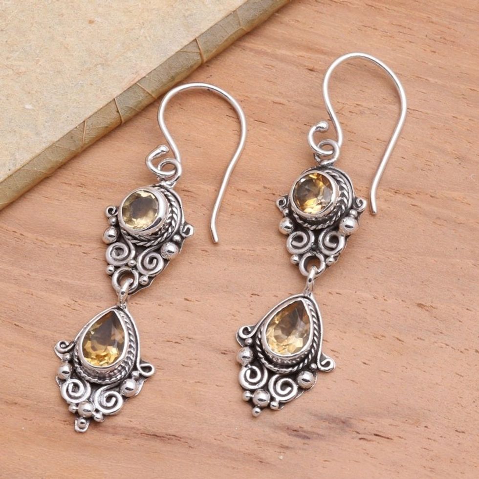 Balinese Style Citrine and Silver Dangle Earrings 'Traditional Ways'