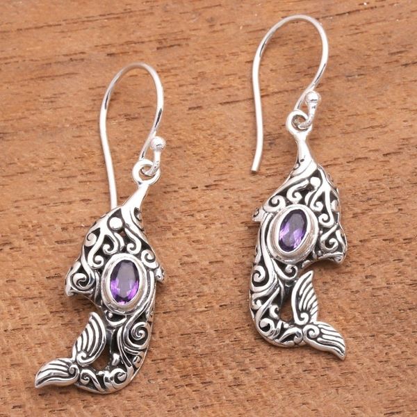 Alternate image for Amethyst and Sterling Silver Balinese Dolphin Earrings Purple Dolphin