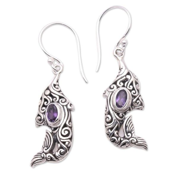 Alternate image for Amethyst and Sterling Silver Balinese Dolphin Earrings Purple Dolphin