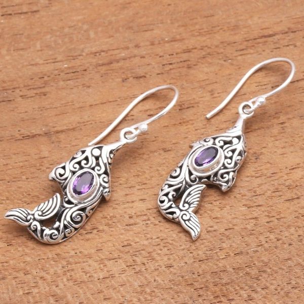 Alternate image for Amethyst and Sterling Silver Balinese Dolphin Earrings Purple Dolphin