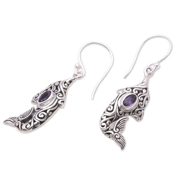 Alternate image for Amethyst and Sterling Silver Balinese Dolphin Earrings Purple Dolphin