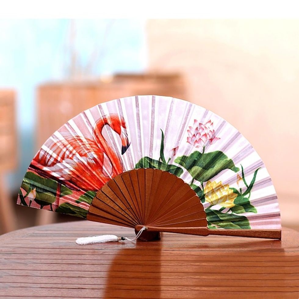 Flamingo-Themes Silk Hand Fan from Bali 'Cream Garden'