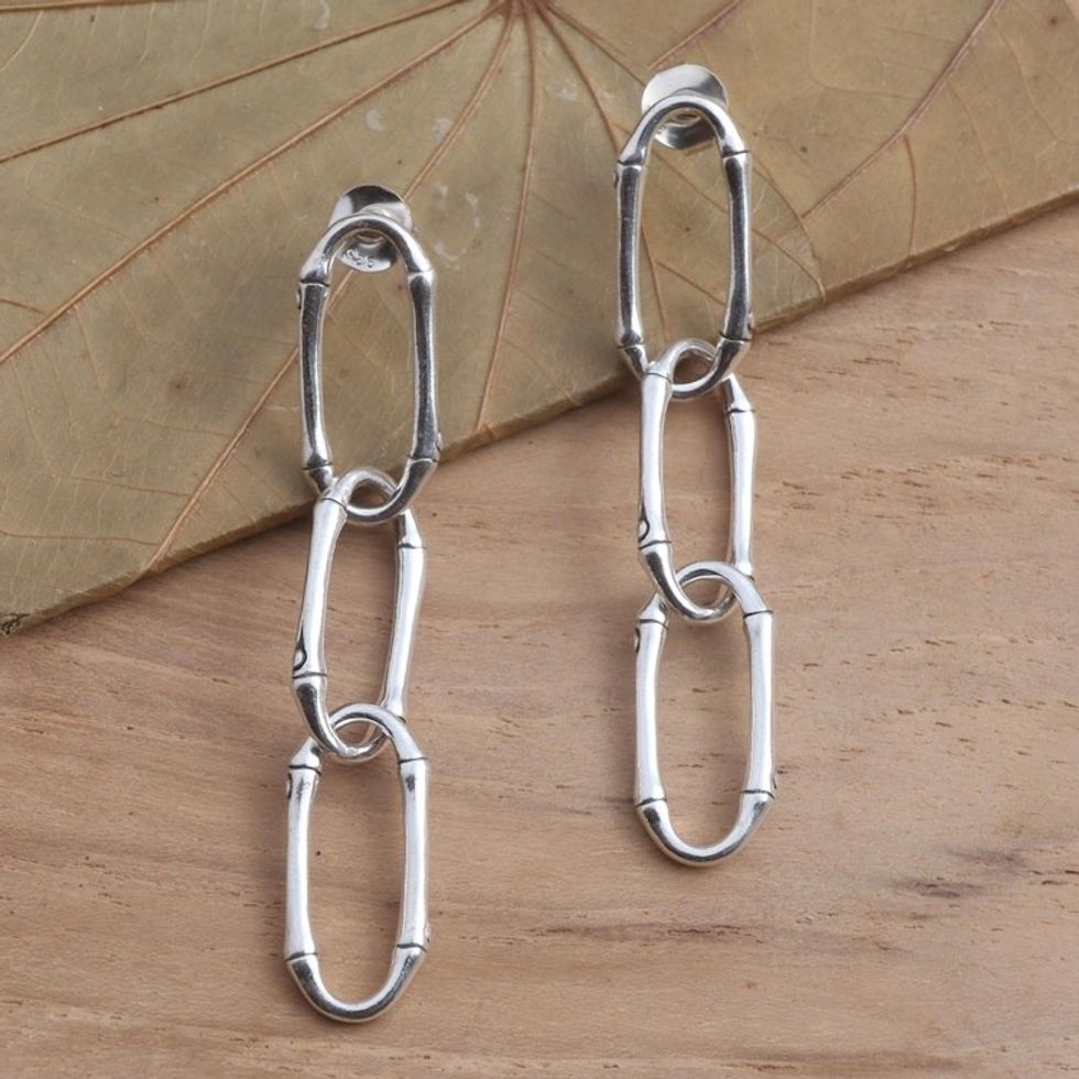 Bamboo Look Sterling Silver Dangle Earrings 'Bamboo Chain'