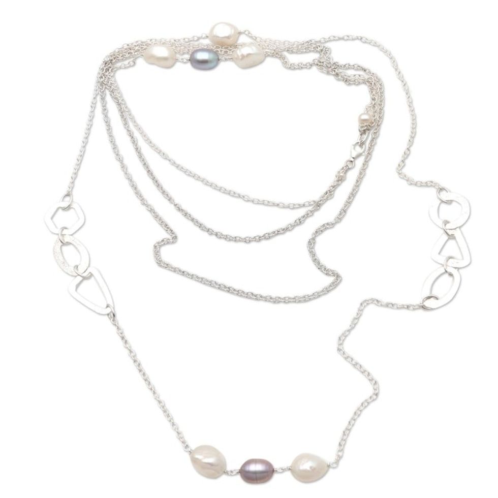 Modern Cultured Pearl Station Necklace from Bali 'Stylish Charm'
