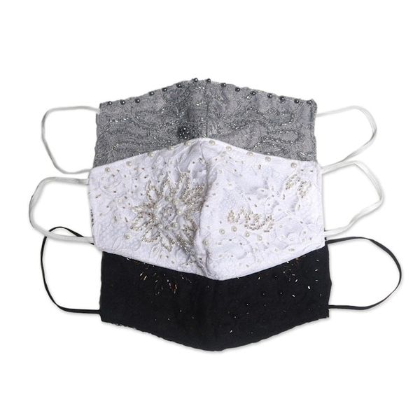 Alternate image for 1 Grey-1 White-1 Grey Beaded Lace Balinese Face Masks Island Fashion