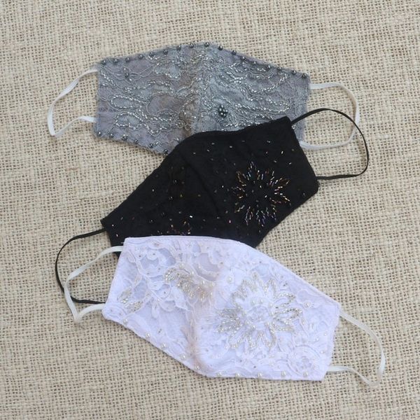 Alternate image for 1 Grey-1 White-1 Grey Beaded Lace Balinese Face Masks Island Fashion