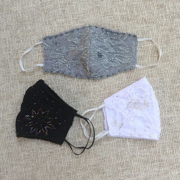 Alternate image for 1 Grey-1 White-1 Grey Beaded Lace Balinese Face Masks Island Fashion
