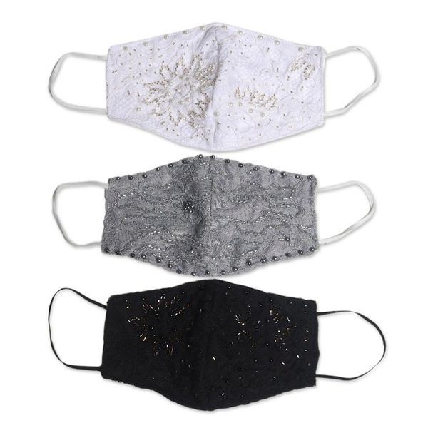 Alternate image for 1 Grey-1 White-1 Grey Beaded Lace Balinese Face Masks Island Fashion