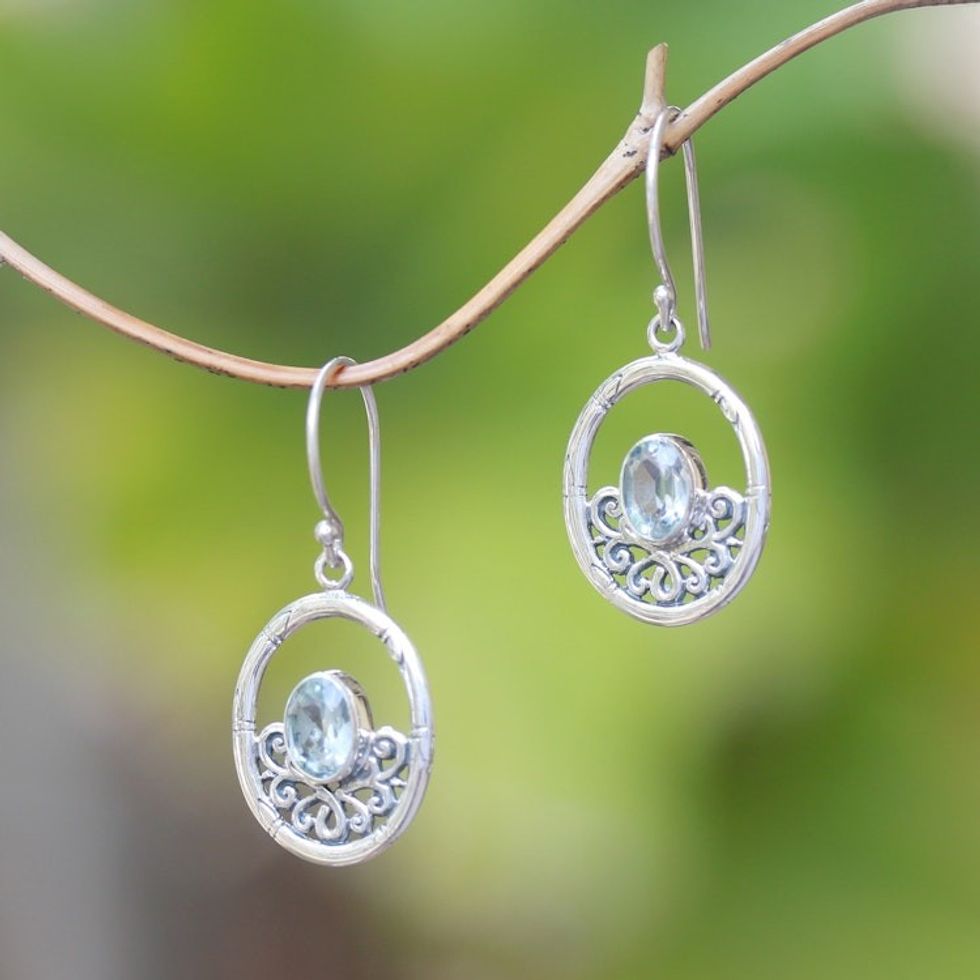 Bamboo-Themed Blue Topaz Dangle Earrings from Bali 'Friendly Bamboo'
