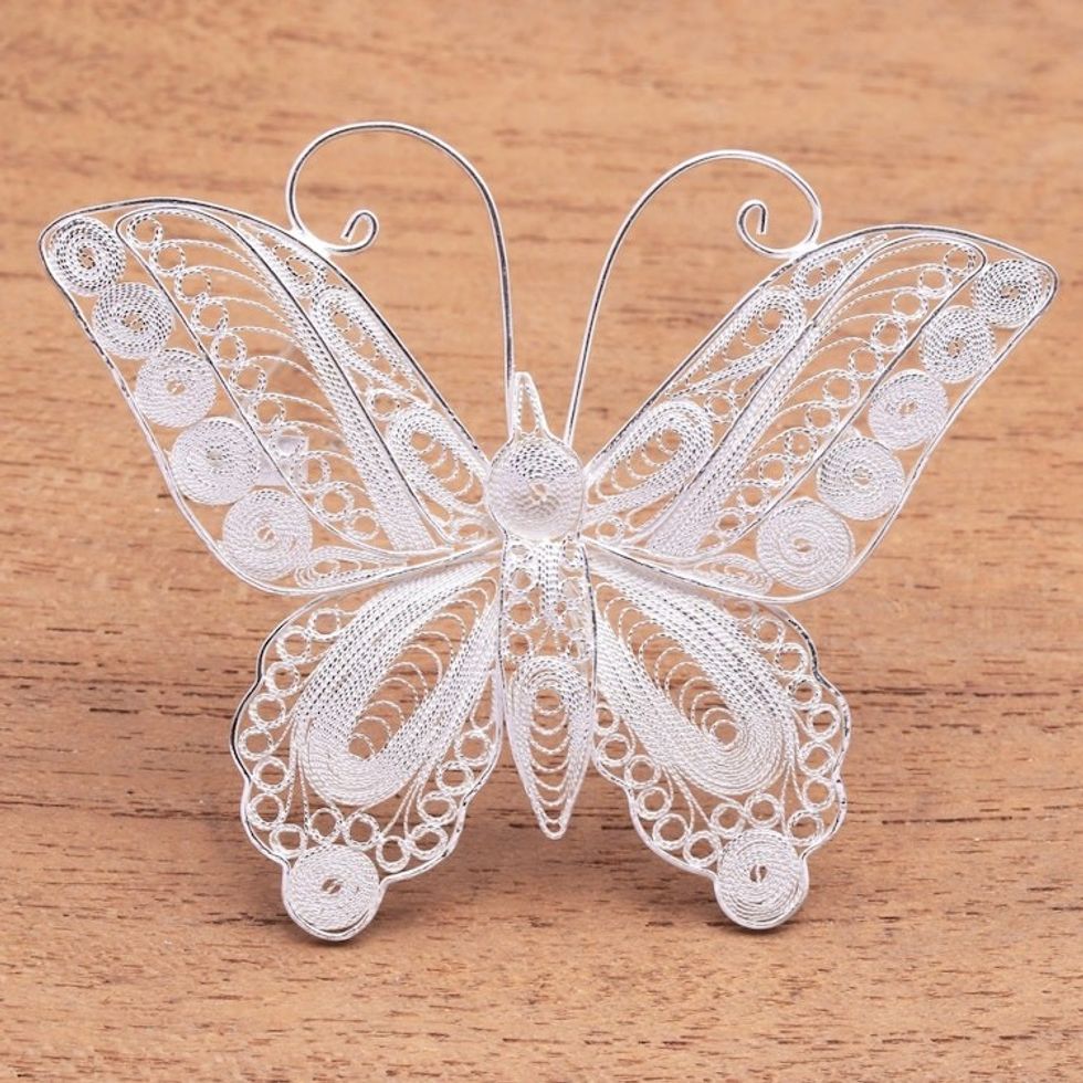 Sterling Silver Filigree Butterfly Brooch from Java 'Intricate Butterfly'
