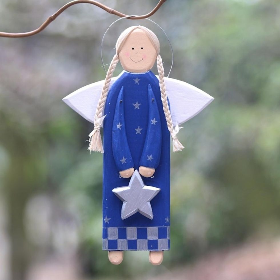 Blue Wood Angel with a Star in Holiday Decor from Bali 'Star Angel in Blue'