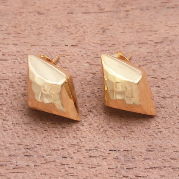 Alternate image for Diamond-Shaped Gold Plated Sterling Silver Button Earrings Hammered Diamonds