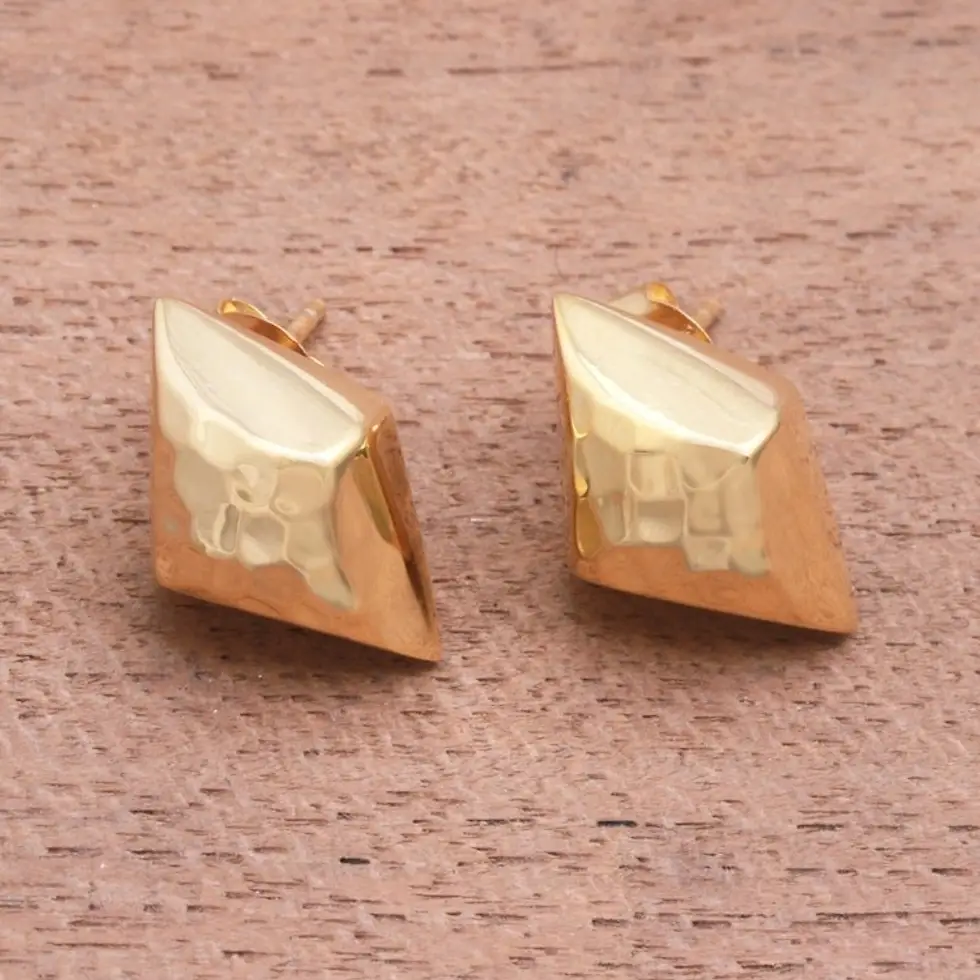 Diamond-Shaped Gold Plated Sterling Silver Button Earrings 'Hammered Diamonds'