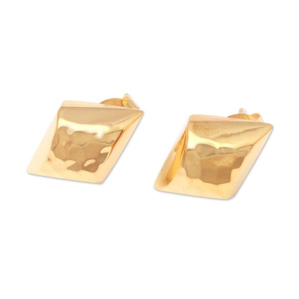 Alternate image for Diamond-Shaped Gold Plated Sterling Silver Button Earrings Hammered Diamonds