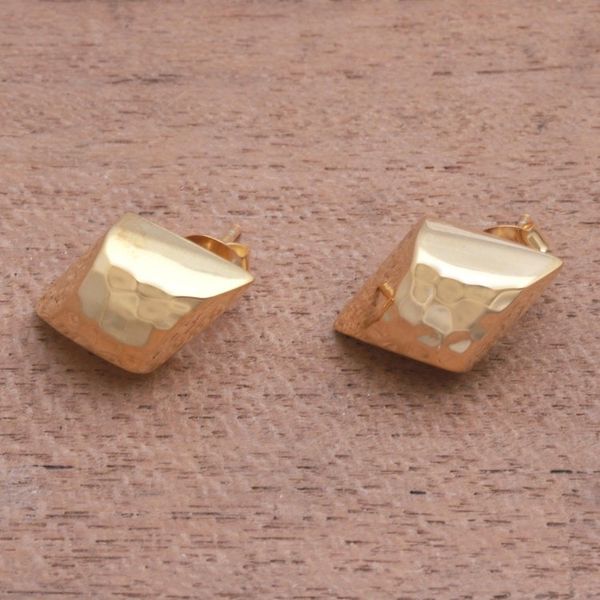 Alternate image for Diamond-Shaped Gold Plated Sterling Silver Button Earrings Hammered Diamonds