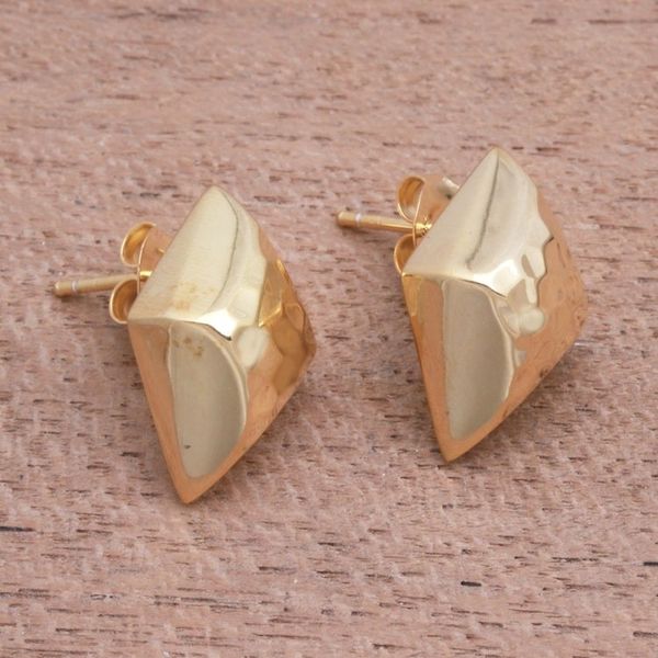 Alternate image for Diamond-Shaped Gold Plated Sterling Silver Button Earrings Hammered Diamonds
