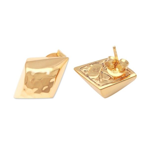 Alternate image for Diamond-Shaped Gold Plated Sterling Silver Button Earrings Hammered Diamonds