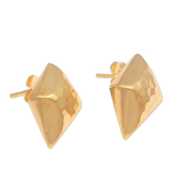 Alternate image for Diamond-Shaped Gold Plated Sterling Silver Button Earrings Hammered Diamonds