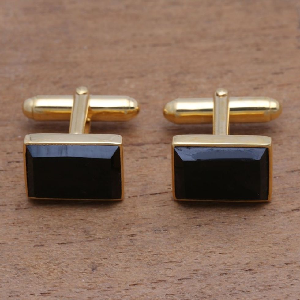 Gold Plated Rectangular Onyx Cufflinks from Bali 'Regal Rectangles'